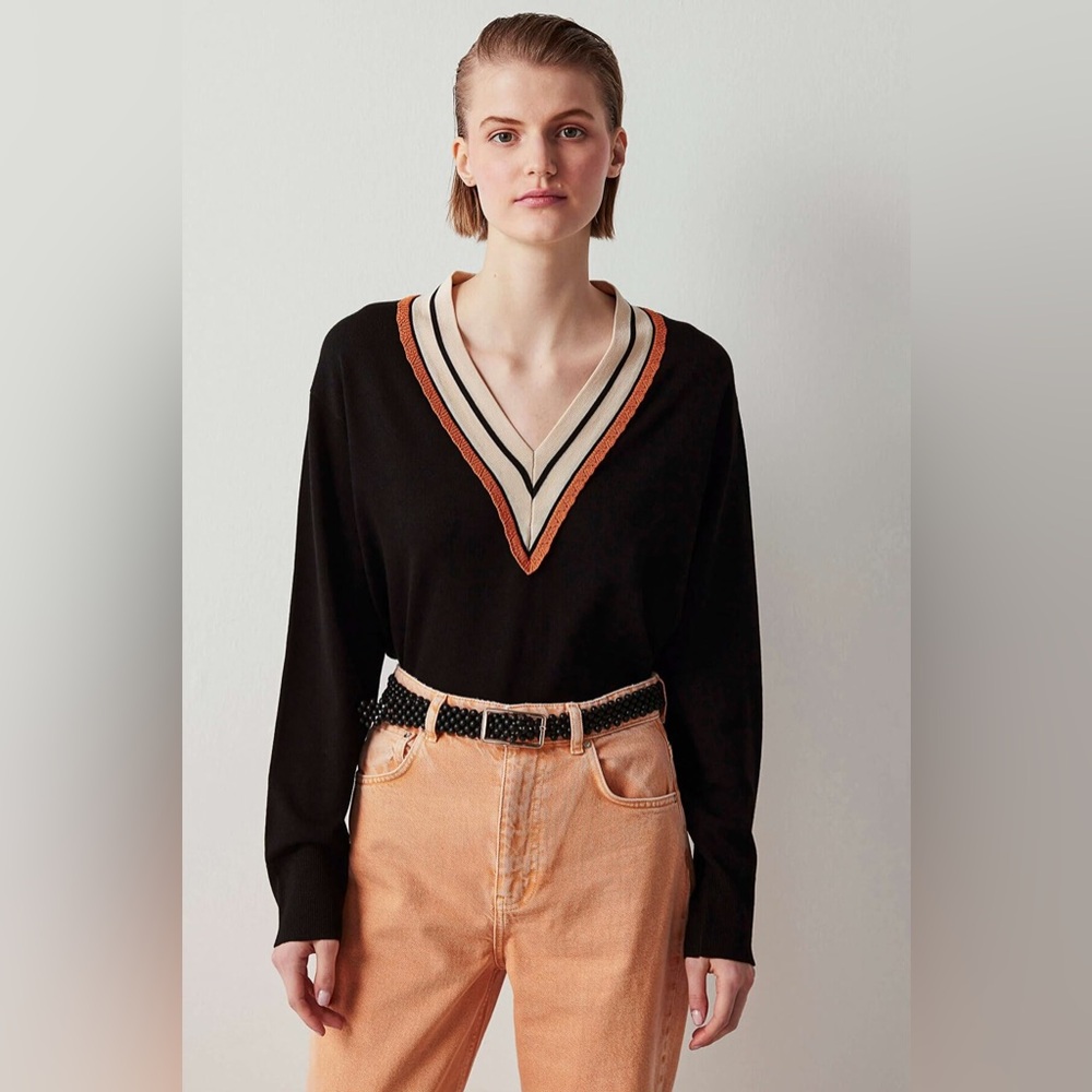 Sandro Colle Striped Neck Wool & Cashmere Sweater - Picture 2 of 12